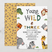モダン マルチカラー サファリ ワイルド アンド スリー バースデー 招待状 (正面/裏面)