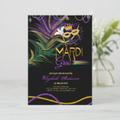 モダン マーディ グラスの羽根のアイマスク ビーズ 招待状 (スタンド正面)