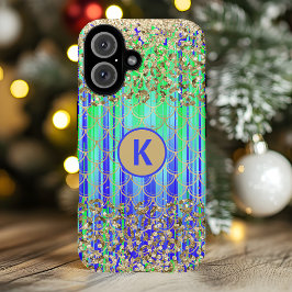 モダン・マーメイドのモノグラム グリッター グリーン ブルー iPhone 16ケース