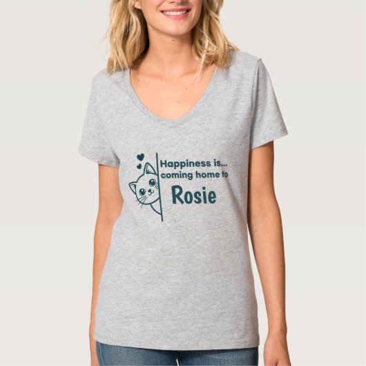 モダン ミニマリストの覗く猫 幸せは来るもの  Tシャツ (正面)