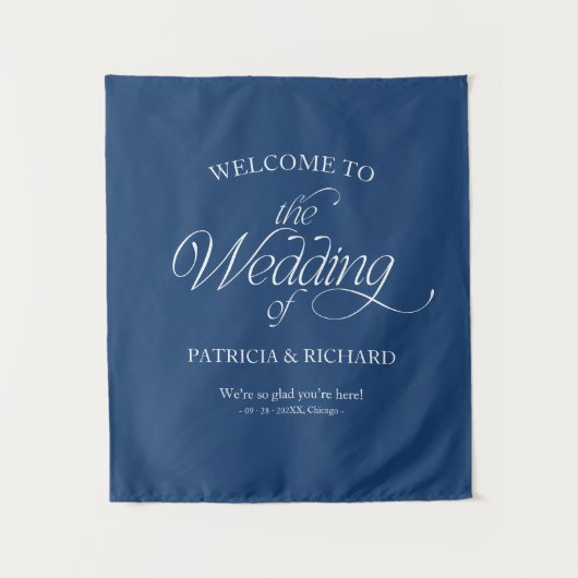 モダン・ミニマリスト結婚式ウェルカムサイン 青 タペストリー (正面)