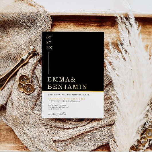 モダン&ミニマリスト黒 |ホワイト結婚金ゴールド 箔招待状