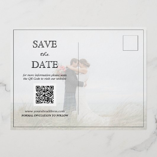 モダン ミニマリスト ウェディング ピクチャー セーブ ザ デート 箔招待状ポストカード (裏面)