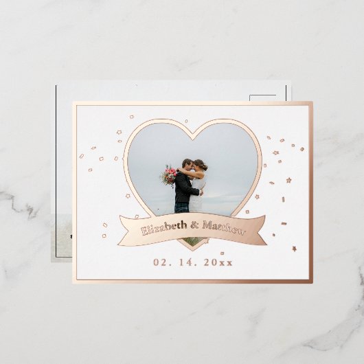 モダン ミニマリスト ウェディング ピクチャー セーブ ザ デート 箔招待状ポストカード (正面/裏面)