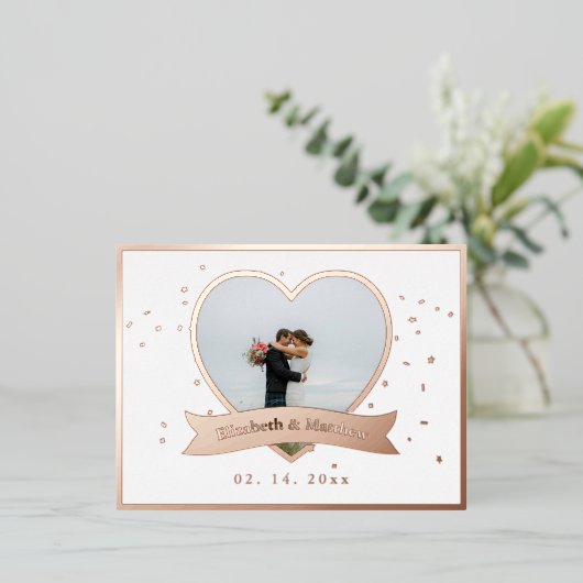 モダン ミニマリスト ウェディング ピクチャー セーブ ザ デート 箔招待状ポストカード (立ち正面)