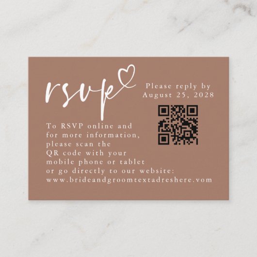 モダン・ミニマリスト・ウェディングQR RSVP（ブラウン＆ホワイト） エンクロージャーカード (正面)