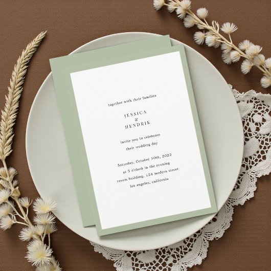 モダン ミニマリスト エレガント セージグリーン ウェディング 招待状