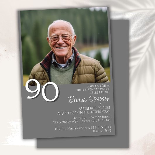 モダン・ミニマリスト グレー 90歳の誕生日 招待状