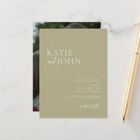 モダン ミニマリスト サージュグリーン ウェディング フォト 案内ポストカード (正面/裏面インサイチュ)