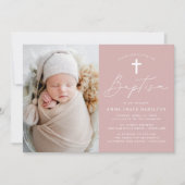 モダン ミニマリスト スクリプト ダスティ ローズ フォト 洗礼 招待状 (正面)