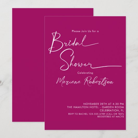 モダン ミニマリスト スクリプト マゼンタ ブライダル シャワー インビテ 招待状 (正面/裏面)
