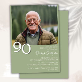 モダン・ミニマリスト・セージグリーンの90歳の誕生日フォト 招待状
