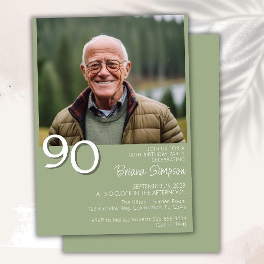 モダン・ミニマリスト・セージグリーンの90歳の誕生日フォト 招待状