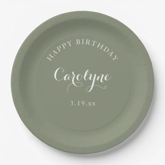 モダン ミニマリスト セージグリーン 誕生日 ペーパープレート (正面)
