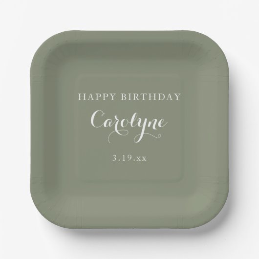 モダン ミニマリスト セージグリーン 誕生日 ペーパープレート (正面)