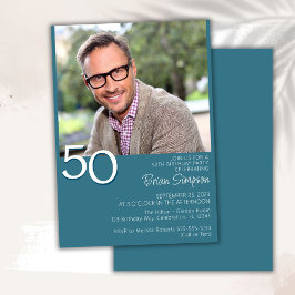 モダン・ミニマリスト・ターコイズブルーの50歳の誕生日フォト 招待状