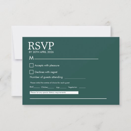 モダン ミニマリスト ダークグリーン ウェディング RSVP カード (正面)