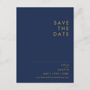 モダン ミニマリスト ネイビーブルー   ゴールド Save The Date インビテーションポストカード