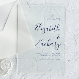 モダン ミニマリスト ネイビーブルー スクリプト セーブ・ザ・デート アクリル招待状