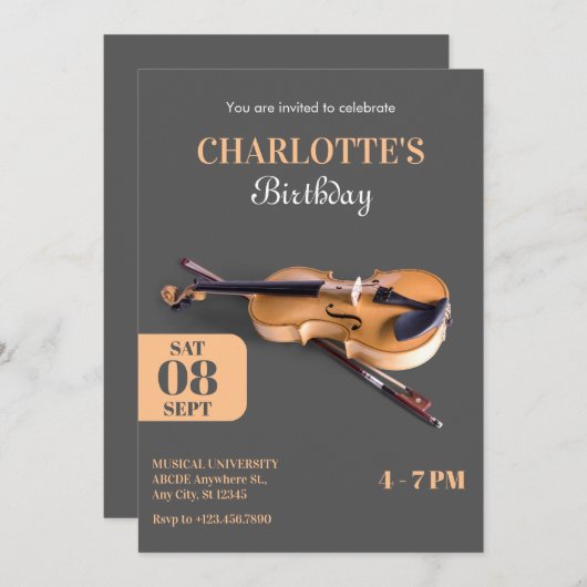 モダン ミニマリスト バイオリン 誕生日 招待状 (正面/裏面)
