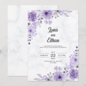 モダン ミニマリスト パープル フローラル ウェディング 招待状 (正面/裏面)