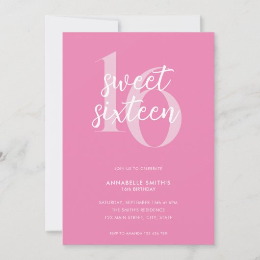モダン ミニマリスト ピンク スイート シックスティーン 16歳の誕生日 招待状 (正面)