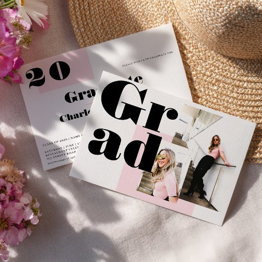 モダン ミニマリスト ピンク 2 フォト 卒業 招待状