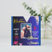 モダン ミニマリスト フラワー フォト QR コード ウェディング 招待状 (スタンド正面)