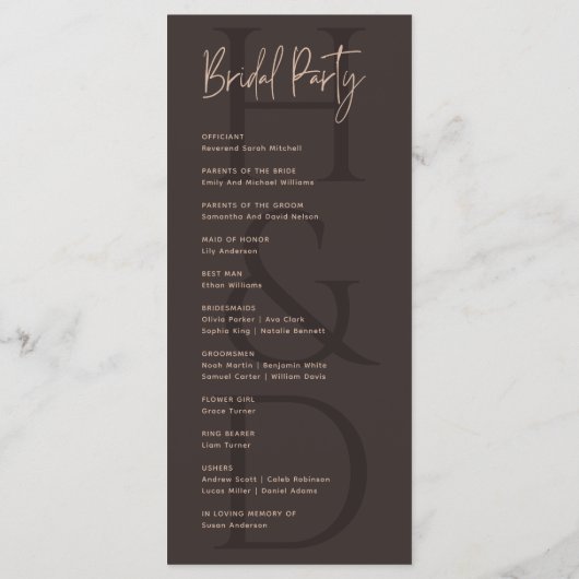 モダン ミニマリスト ブラウン モノグラム ウェディング プログラム (裏面)