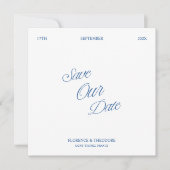 モダン ミニマリスト ブルー＆ホワイト 写真付き Save the Date 招待状 (正面)