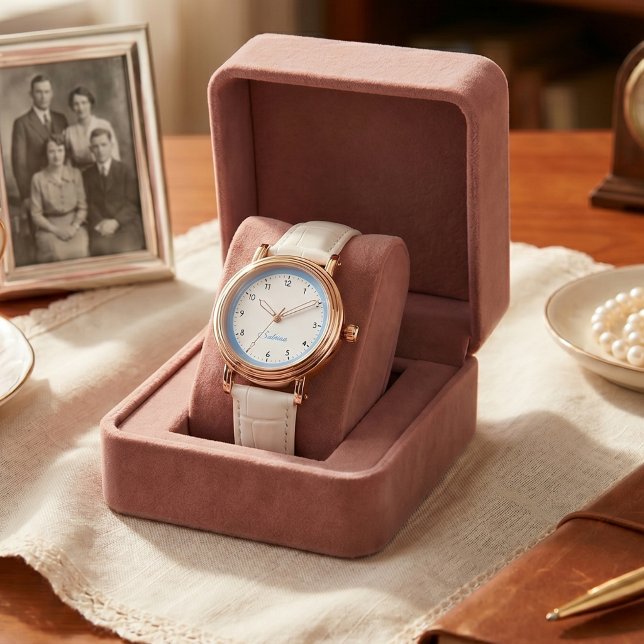 モダン ミニマリスト ブルー 名入れ グランマ  腕時計 (Modern and Minimalist Blue Modern Custom Name Grandma Watch)
