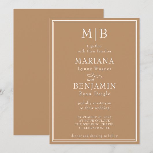 モダン ミニマリスト ベージュ 結婚式 招待状 (正面/裏面)
