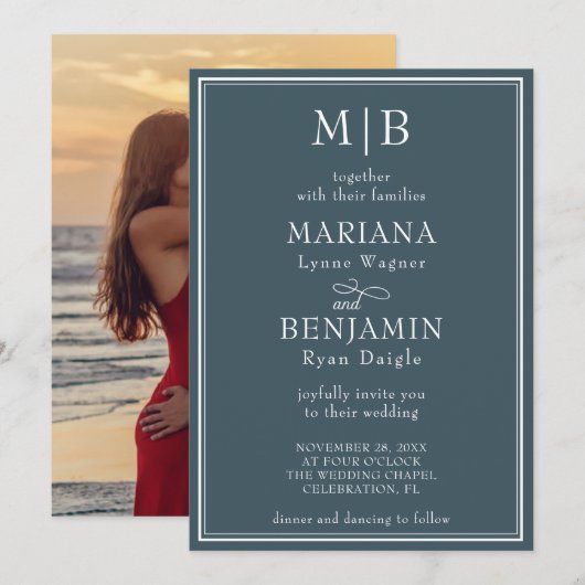 モダン・ミニマリスト・ボホ・ブルーの結婚式フォトアイテム 招待状 (正面/裏面)