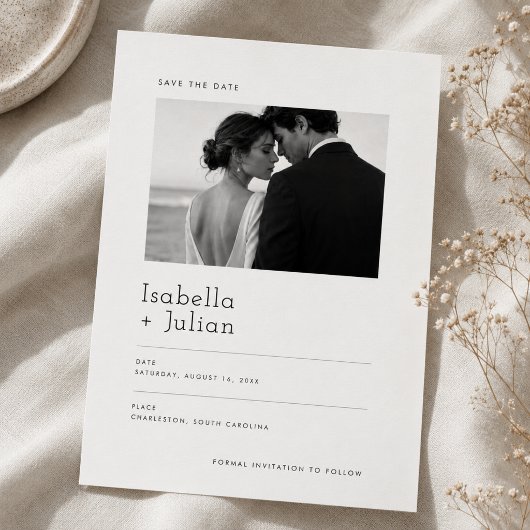 モダン ミニマリスト 写真付き結婚式延期案内状 セーブザデート