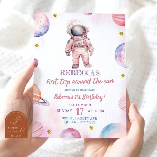 モダン ミニマリスト 宇宙飛行士 女子 初誕生日 招待状