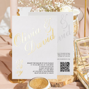 モダン ミニマリスト 結婚式 QR 返信ハガキ 箔招待状
