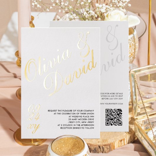 モダン ミニマリスト 結婚式 QR 返信ハガキ 箔招待状