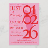 モダン ミニマリスト 赤 ピンク ハート フォト ウェディング 招待状 (正面)