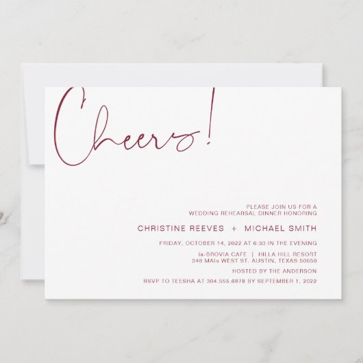 モダン ミニマリズム バーガンディ スクリプト リハーサル ディナー 招待状 (正面)