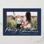 モダン ミニマルな葉の写真スクリプト エレガントな青 箔シーズンカード (正面)