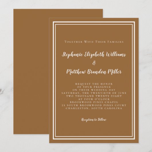 モダン ミニマル おしゃれな ラスティック ブラウン シック ウェディング 招待状 (正面/裏面)