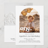 モダン ミニマル アーチ型 フォトフレーム 1歳 誕生日 招待状 (正面/裏面)