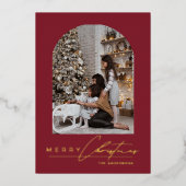 モダン ミニマル アーチ 写真 赤いクリスマス 箔シーズンカード (正面)