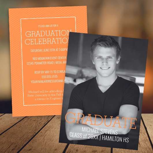 モダン ミニマル オレンジ アートデコ 卒業 案内状