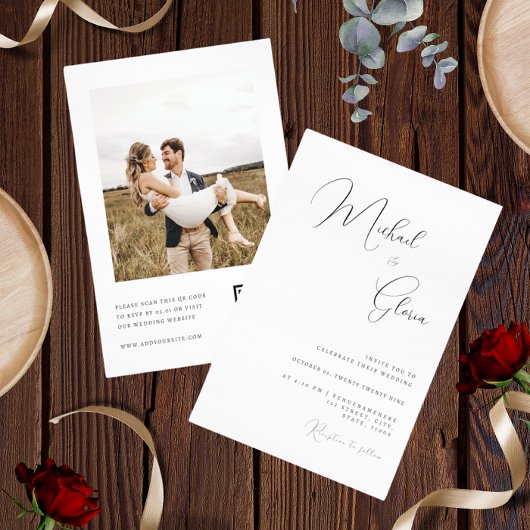 モダン ミニマル カリグラフィー QR コード RSVP ウェディング 招待状