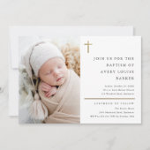 モダン ミニマル ゴールド クロス フォト 洗礼 招待状 (正面)