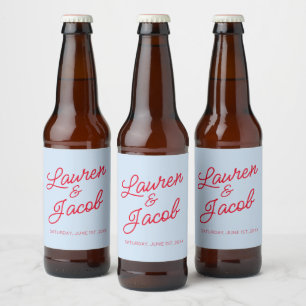モダン ミニマル シンプルな青と赤の結婚式 ビールラベル