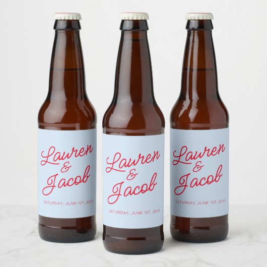 モダン ミニマル シンプルな青と赤の結婚式 ビールラベル (ボトル)