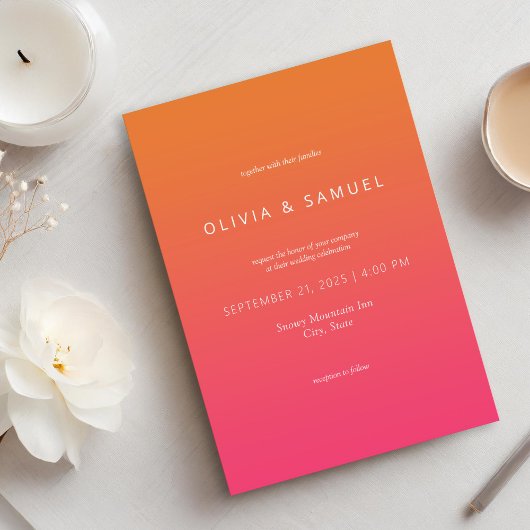 モダン ミニマル シンプル オレンジ ピンク ウェディング 招待状