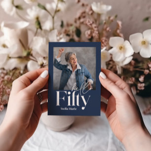 モダン ミニマル シンプル ネイビーブルー 50歳の誕生日 招待状